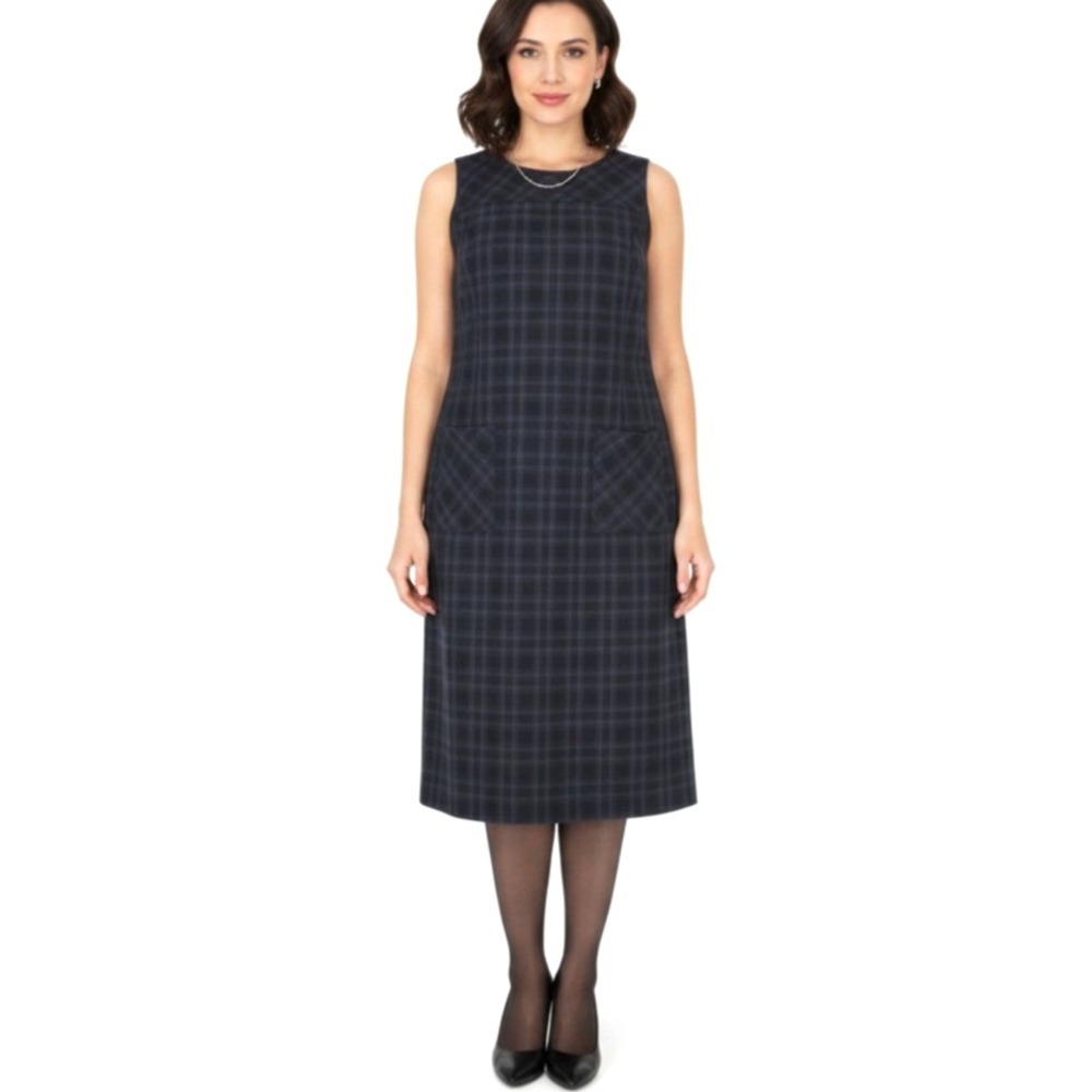 VTG KORET Twill NAVY/MULTI PLAID Zip POCKETS Sleeveless SHEATH JUMPER DRESS 14